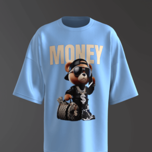 Cute Teddy Money Design Oversized Sky Blue T-Shirt