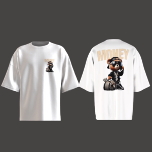 Cute Teddy Money Design Oversized White T-Shirt