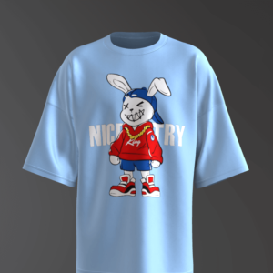 Nice Try Rabbit Design Oversized Sky BLUE T-Shirt